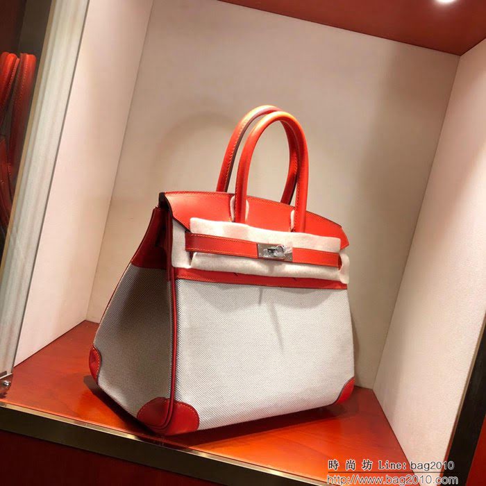 HERMES愛馬仕 鉑金包 Birkin30Cm Swift拼帆布 9J Feu 火焰橙 銀扣 頂級工藝 手縫蠟線 無敵限量版 古董包  Ama1604